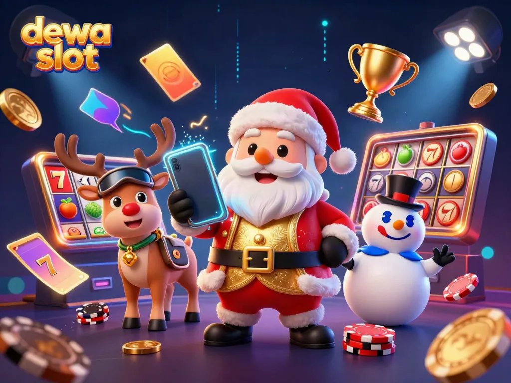 Engage in dewa slot gaming with vibrant 3D characters celebrating a jackpot win in a lively casino scene.