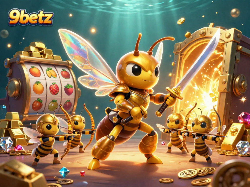 Experience thrilling wins with 9betz in this vibrant casino scene featuring dynamic slot games and treasure.