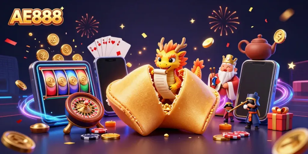 Experience excitement with AE888's vibrant casino-themed 3D illustration featuring a fortune cookie and dynamic game elements.
