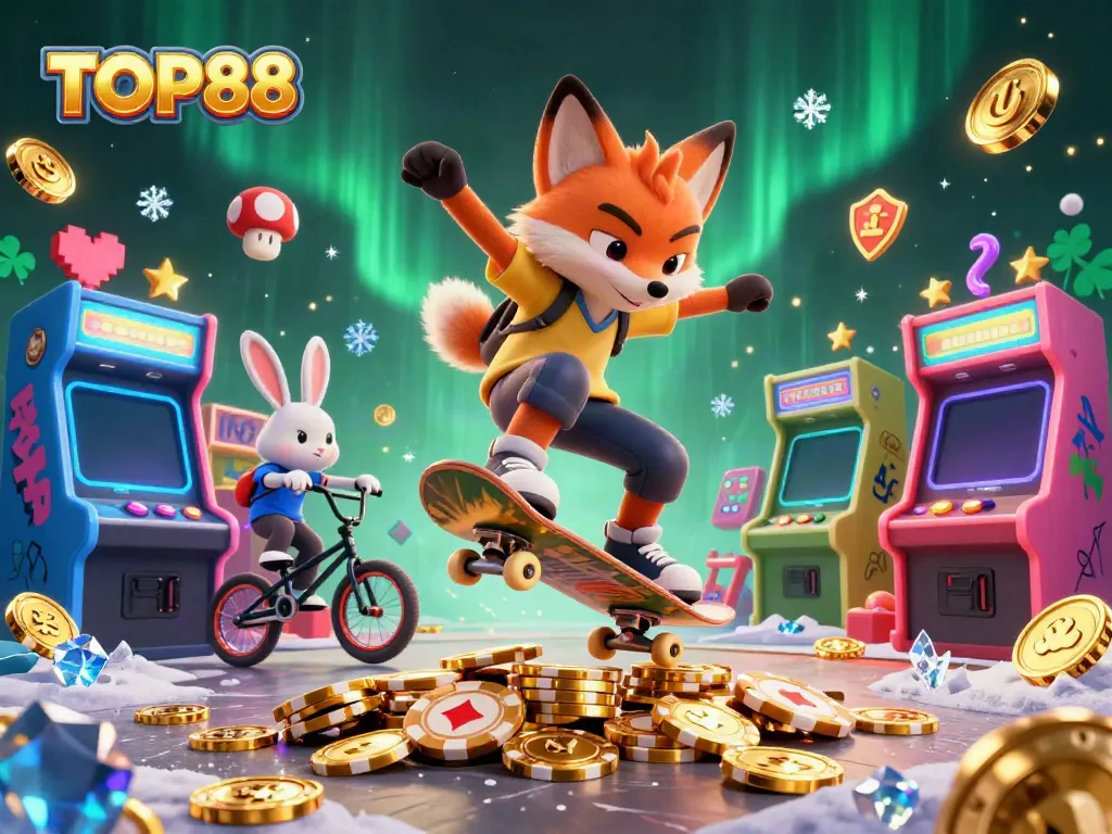 Experience the dynamic action at TOP88 with 3D characters skateboarding over poker chips amidst a vibrant casino atmosphere.