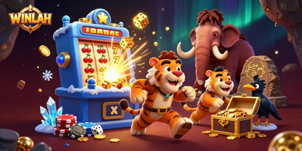 Experience thrilling gameplay with WINLAH as cavemen and their sabertooth tiger manage a vibrant prehistoric casino!
