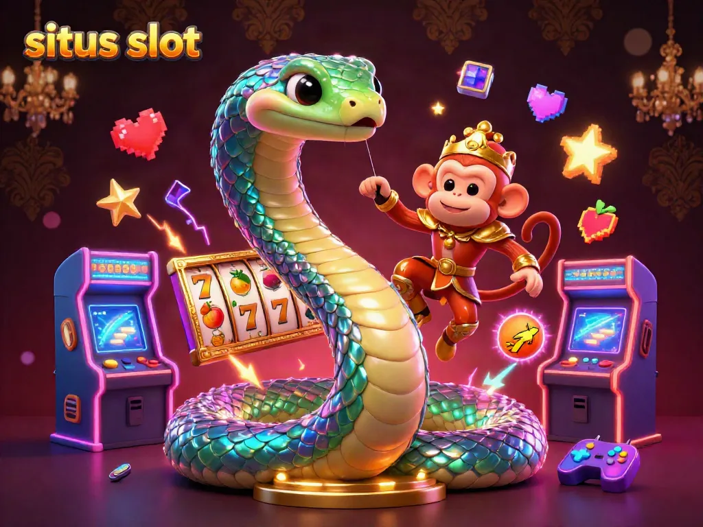 Engage with situs slot through a vibrant 3D illustration showcasing an iridescent serpent and arcade game elements.
