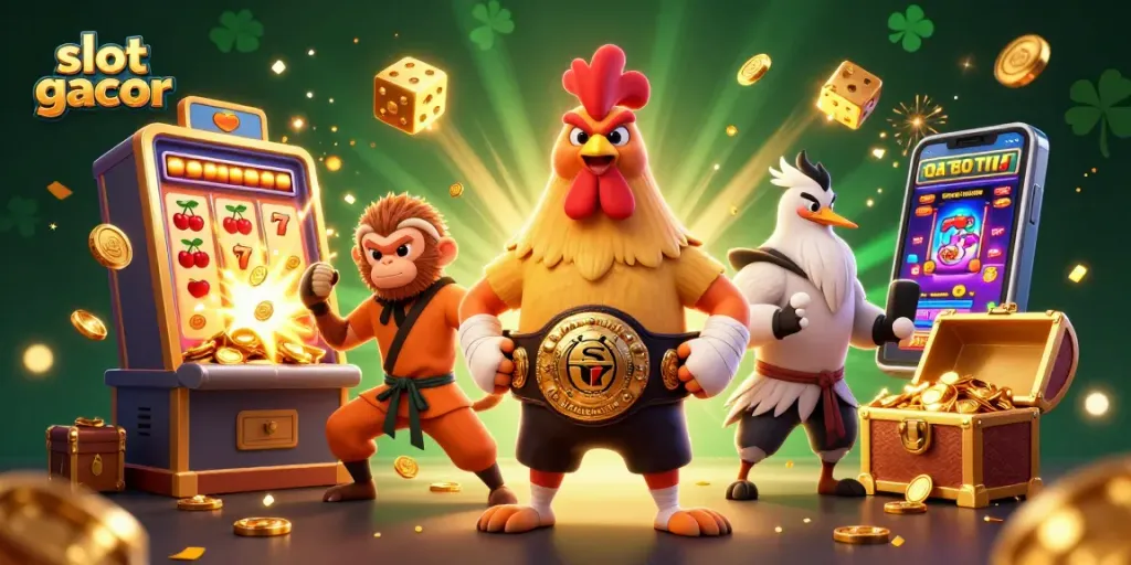 Engage with slot gacor in this dynamic 3D scene featuring colorful slot elements, cartoon characters, and jackpot excitement.