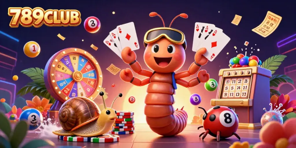 Engage with 789CLUB's lively atmosphere featuring a millipede dealer and a snail high-roller amidst lottery elements.
