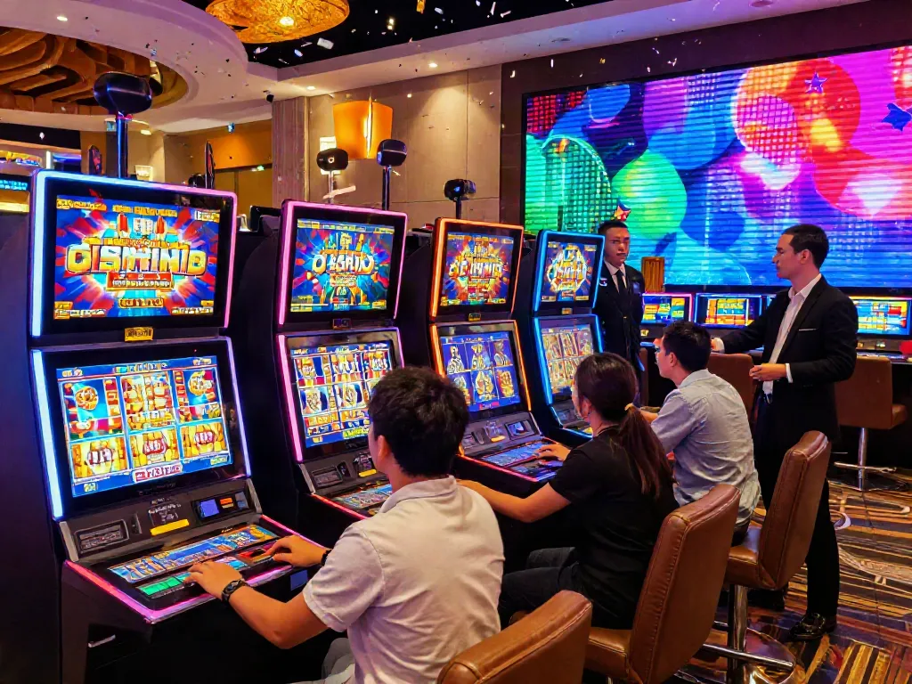 Exciting slot gaming experience at a lively casino with diverse players interacting with vibrant machines.