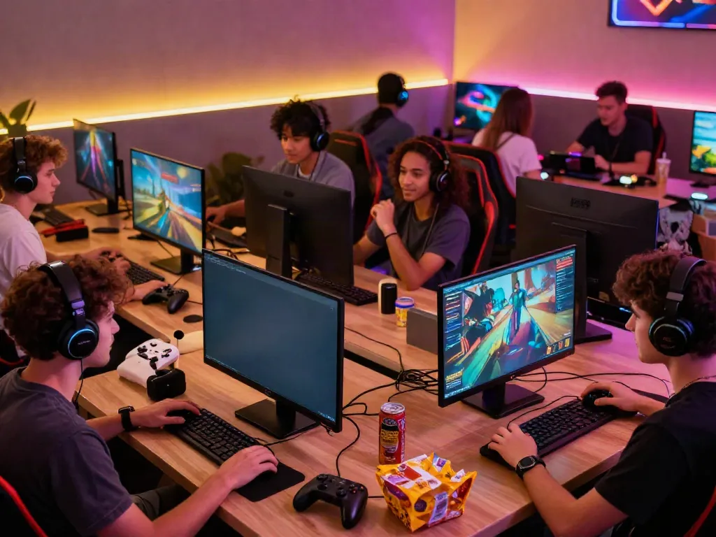 Engaged players at cổng game hitclub enjoying an immersive gaming experience in a vibrant lounge
