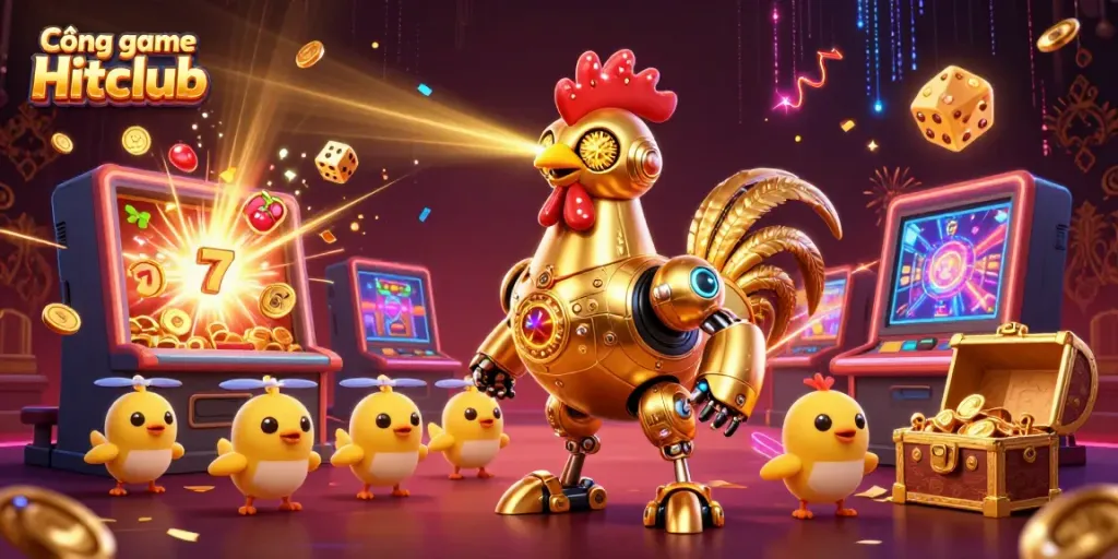 Cổng game Hitclub with a golden rooster robot and baby chick drones in a dynamic casino scene featuring massive slot machines and fireworks.