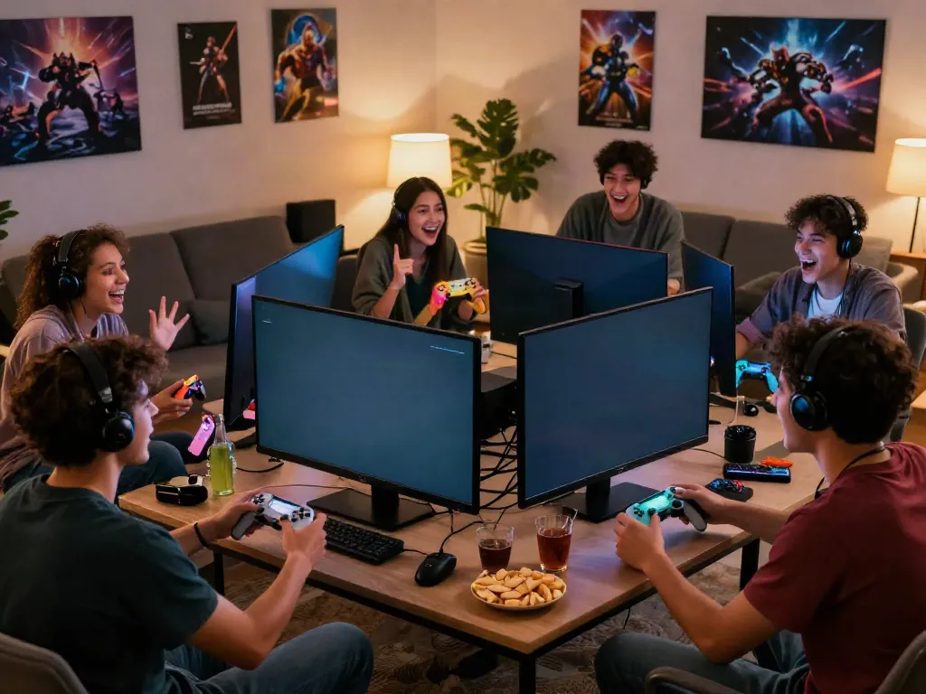 Engaging gaming scene showing friends enjoying kilat 404 games together in a cozy living room.