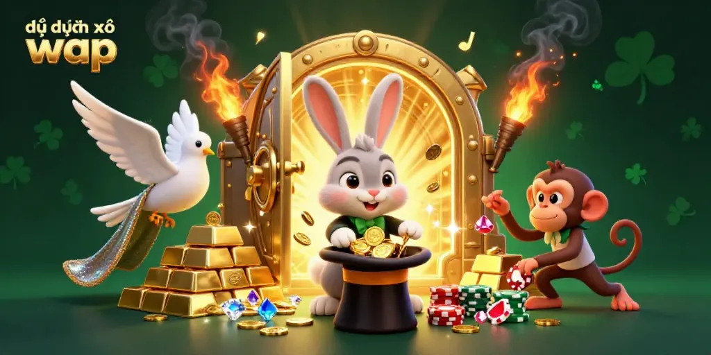 Engaging scene featuring a rabbit magician performing magic with coins while a dove and monkey add excitement, themed around dự đoán xổ số wap.