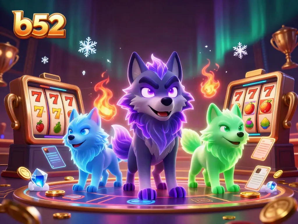 Experience thrilling casino action with b52 in a vibrant scene featuring mystical wolves and dynamic slot reels.