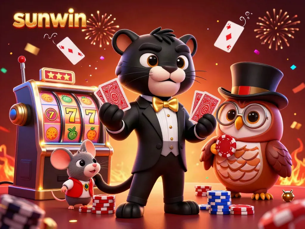 Experience exciting card games at sunwin alongside a stylish panther dealer, owl with poker chips, and a lucky mouse.