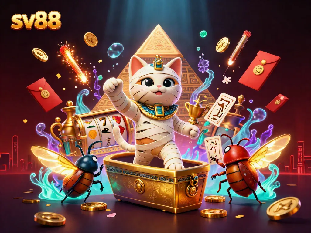 Experience dynamic gameplay at sv88 with a vibrant Egyptian-themed casino scene filled with slot reels and colorful elements.