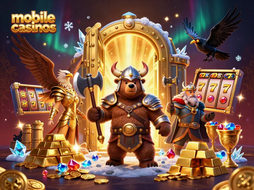 Experience thrilling mobile casinos with a Viking bear, Valkyrie eagle, and treasures illuminating the scene.