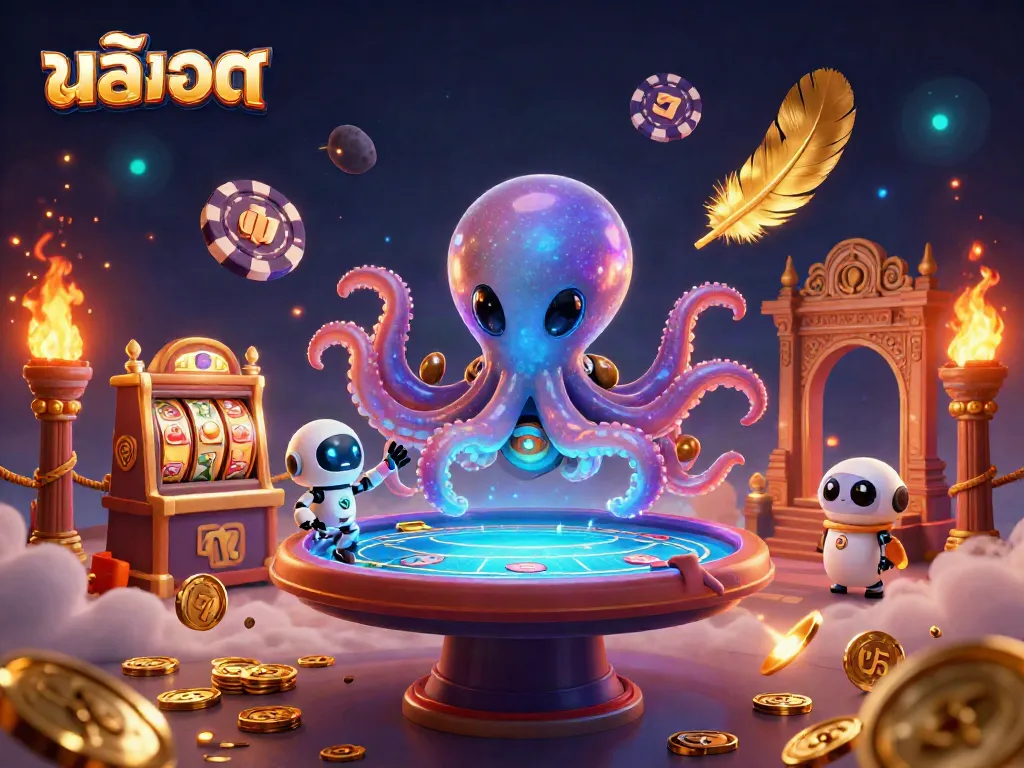 Engaging scene with 3D octopus and robot playing สล็อต at a holographic table amidst vibrant casino elements.