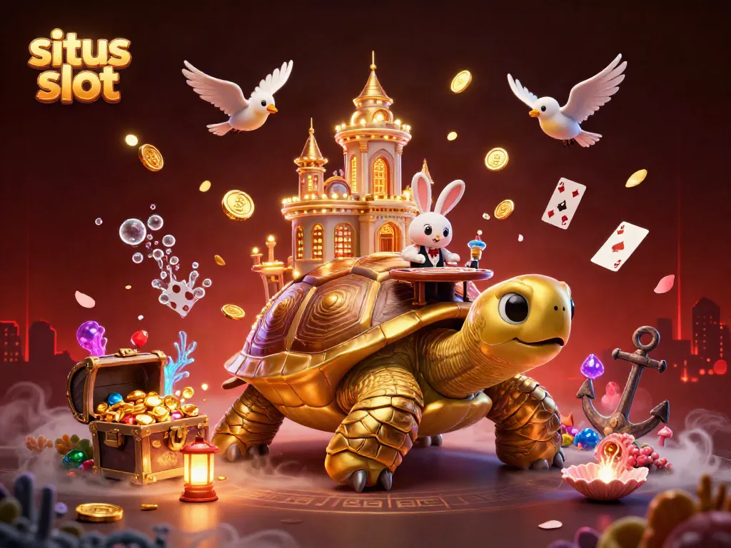 Engaging 3D scene showcasing situs slot elements like golden tortoise casino and rabbit dealer amidst vibrant treasures.