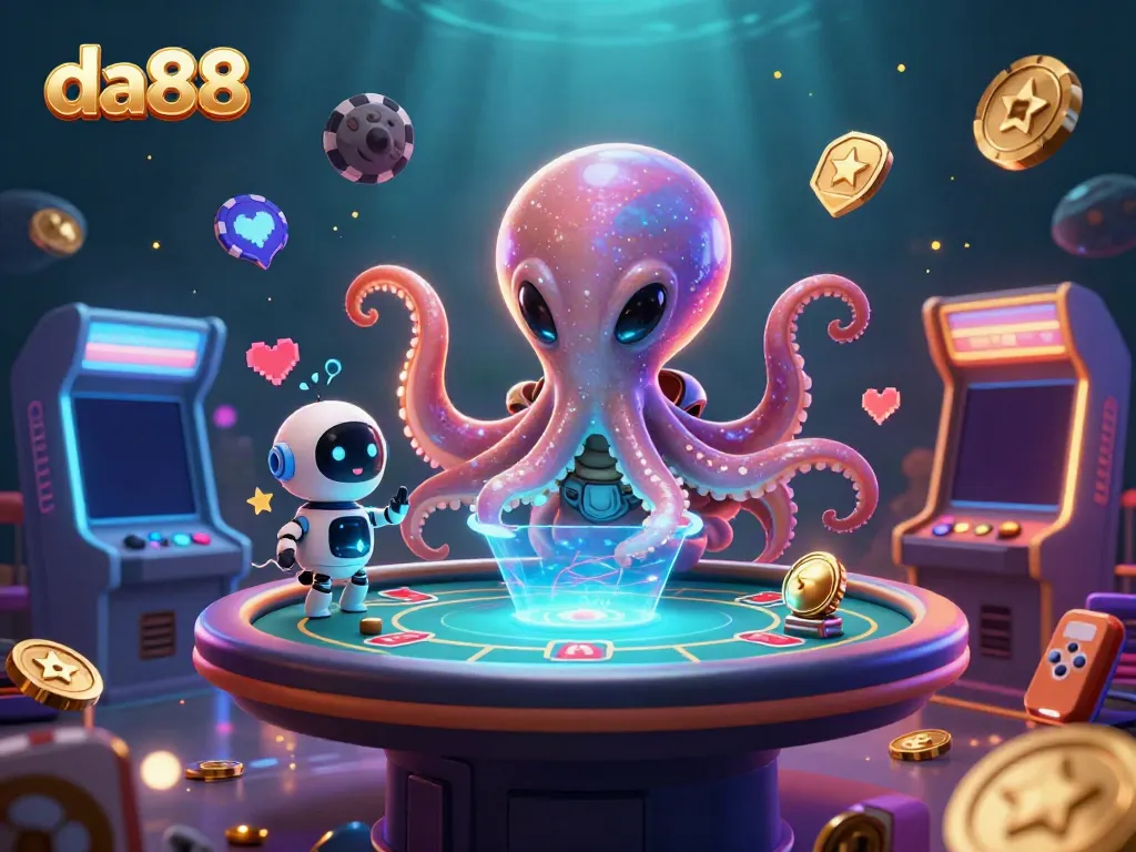 Engage with the da88 cosmic poker action featuring a cartoon alien octopus at a holographic table.