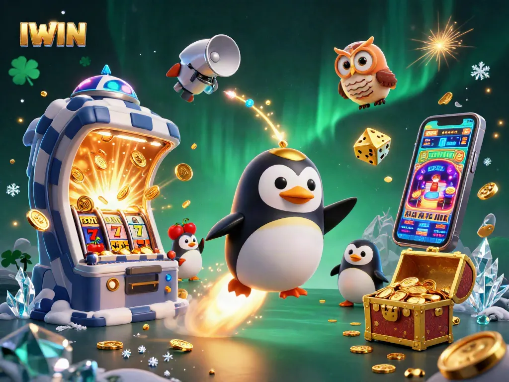 IWIN showcases an epic gambling adventure with a golden penguin in space, vibrant casino elements erupting.