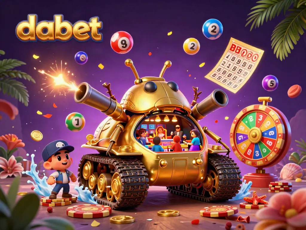 Dabet's vibrant casino scene showcasing a golden beetle tank, confetti, and colorful lottery balls.