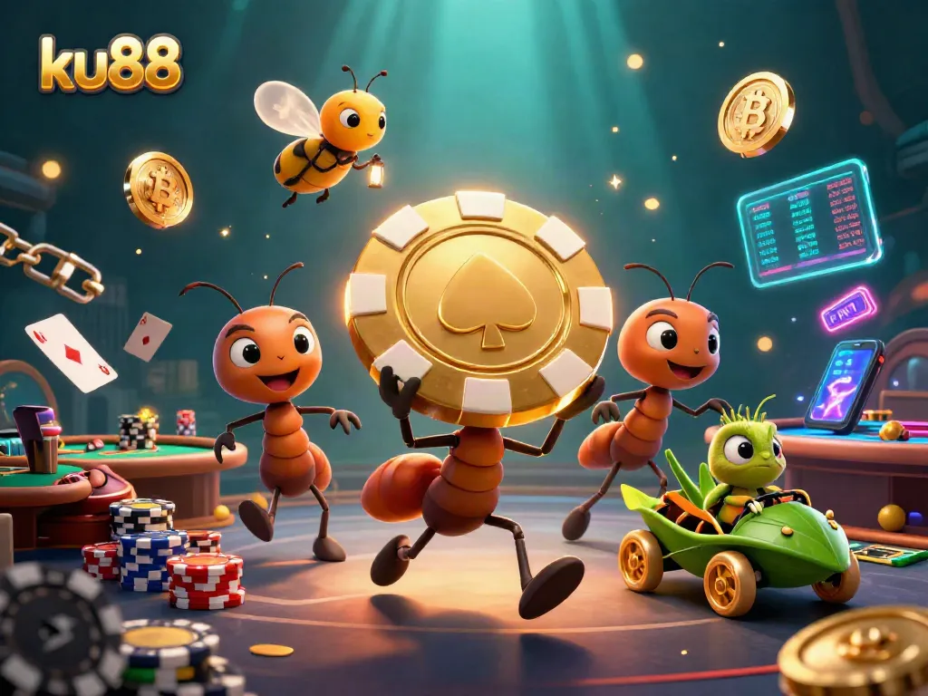 Join the thrilling adventure at ku88 as ants steal a giant poker chip in this vibrant casino-themed scene.