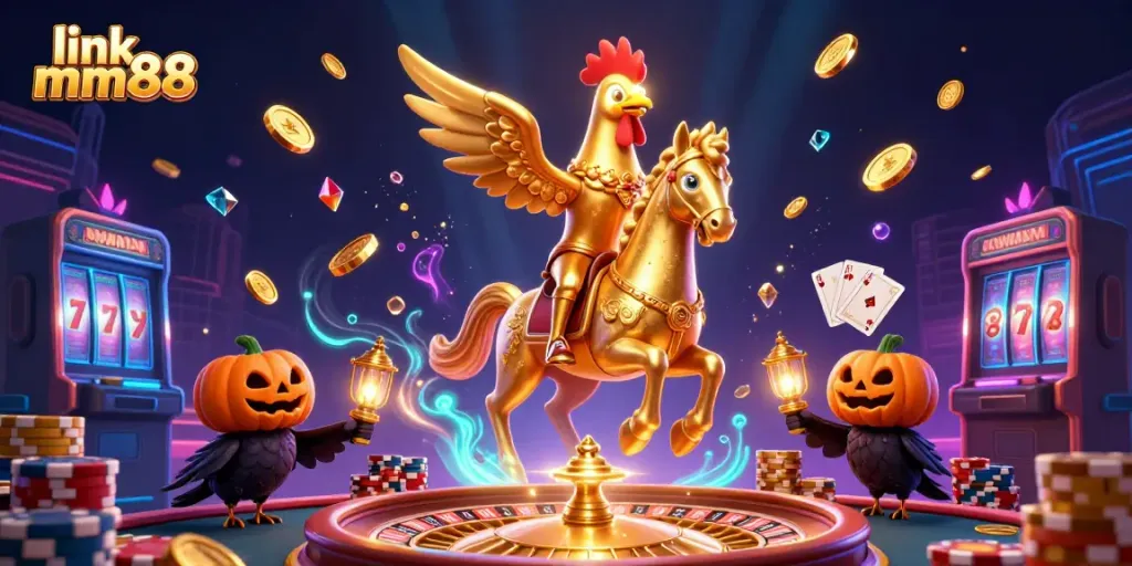 Experience the thrilling action of link mm88 in a dynamic casino scene with vibrant characters and glowing treasures.