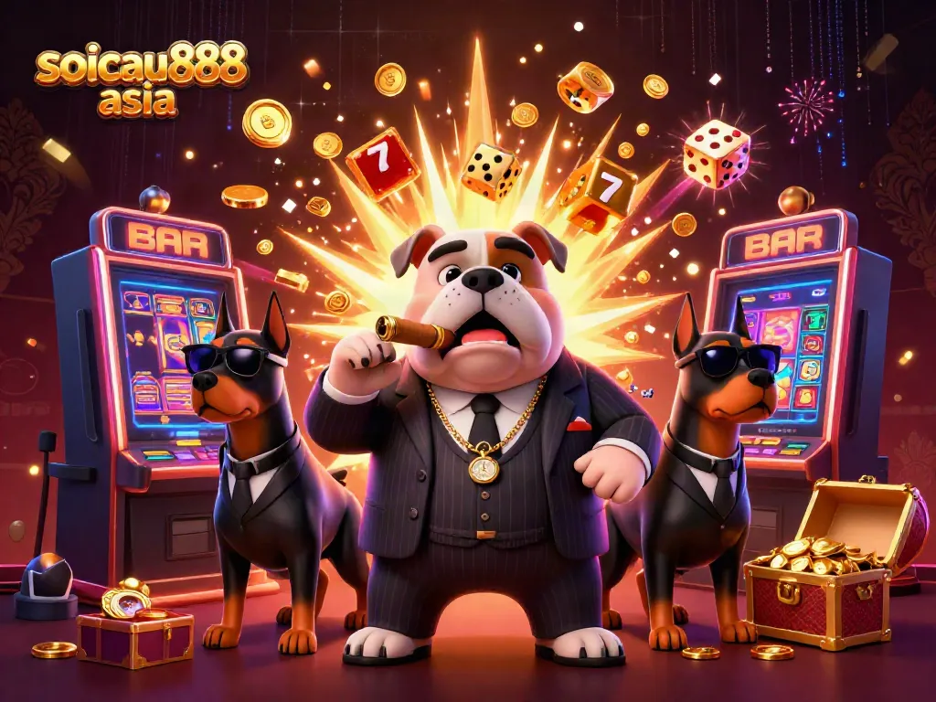Engage with the energetic atmosphere of soicau888 asia as colorful casino elements burst around the stylish mafia bulldog.