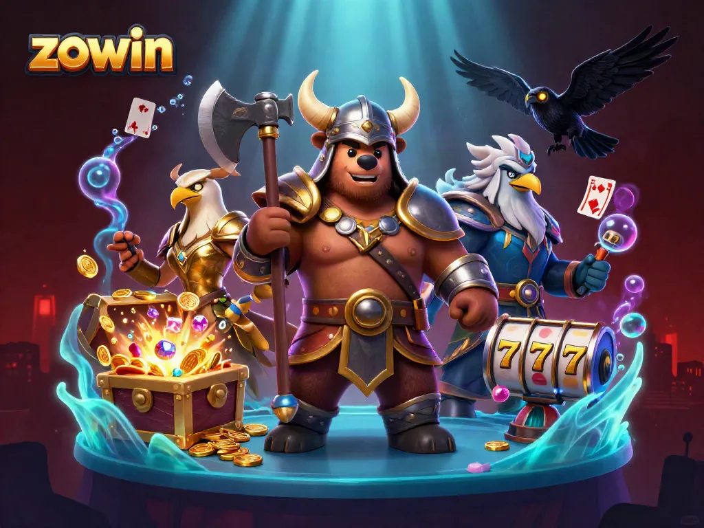 Zowin's dynamic cartoon casino scene with Viking characters, treasure, and slot reels.