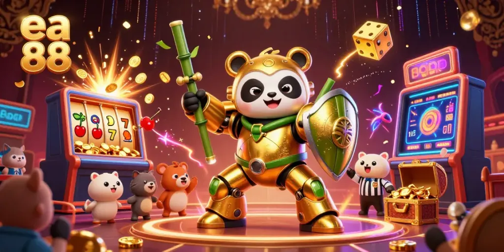 Experience thrilling gameplay with ea 88 as a golden panda battles in its mech-suit amidst a vibrant casino.