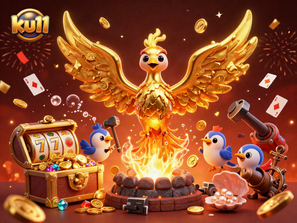 Experience thrilling wins with ku11 as a golden phoenix rises amidst dynamic casino elements.