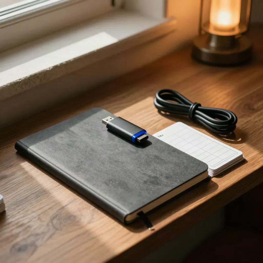 Zestaw do ćwiczeń z Pythona: notes, kabel USB i puste fiszki w ciepłym kąciku studyjnym.