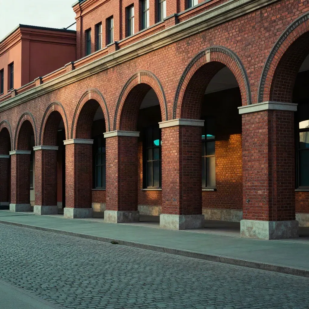 Ceglane arkady Nikiszowca o zmierzchu, z zielonym obrzeżem i lekką mgłą przemysłową