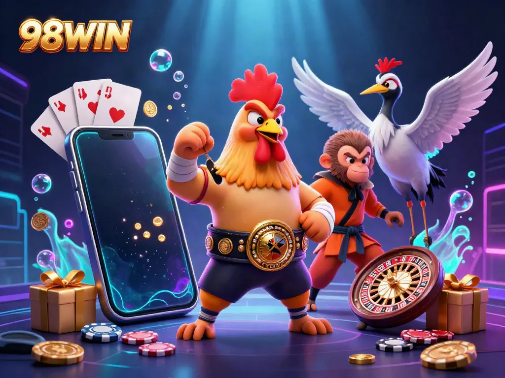 Experience the exhilarating world of gambling with 98WIN's dynamic casino scene featuring fun characters and game elements.