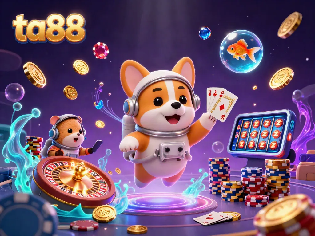Experience thrilling ta88 casino gaming with vibrant cosmic elements and adorable characters in a dynamic scene.