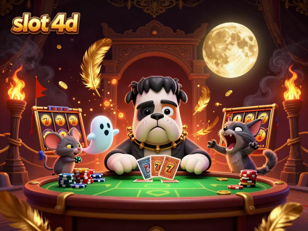 Bermain slot 4d dengan Frankenstein buldog dan anak kucing werewolf di meja kasino.