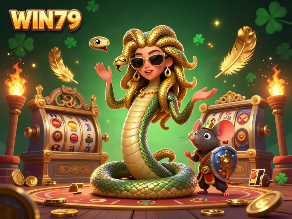 Experience the WIN79 adventure with Medusa and a warrior mouse in this vibrant casino scene.