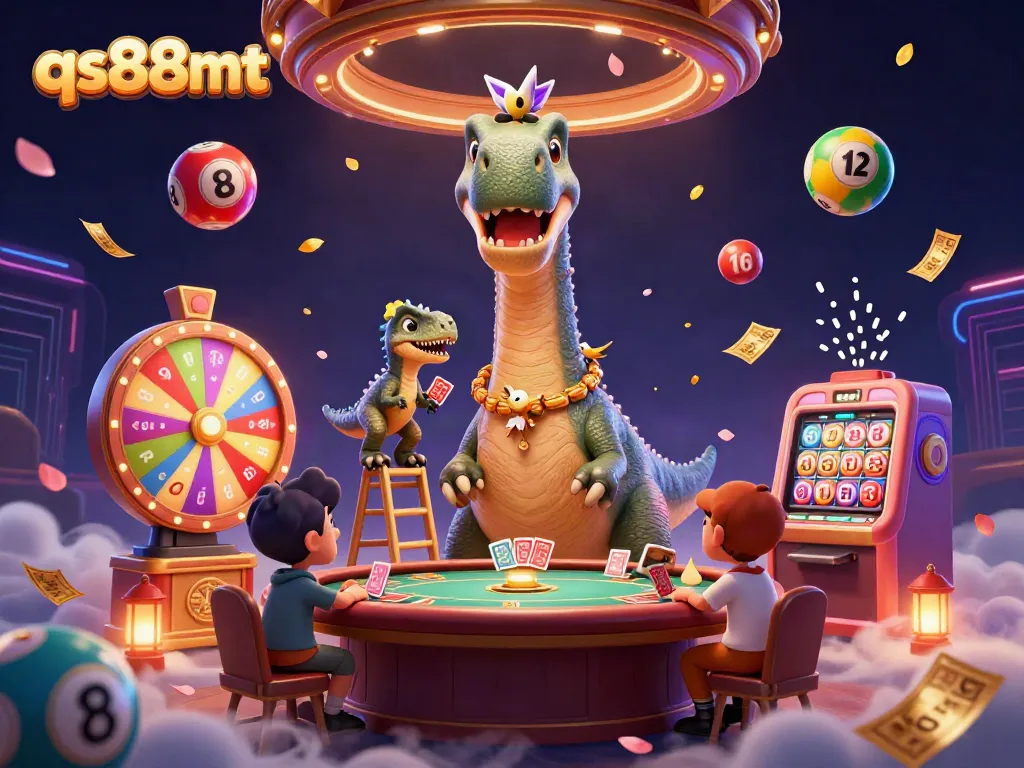 Engage with exciting qs88mt games featuring a giant brontosaurus hosting a lively poker table.