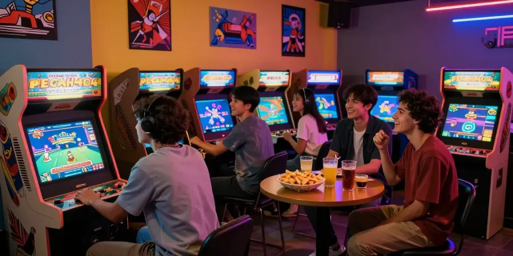 Friends enjoying PECAH404 classic games in a vibrant gaming lounge atmosphere.