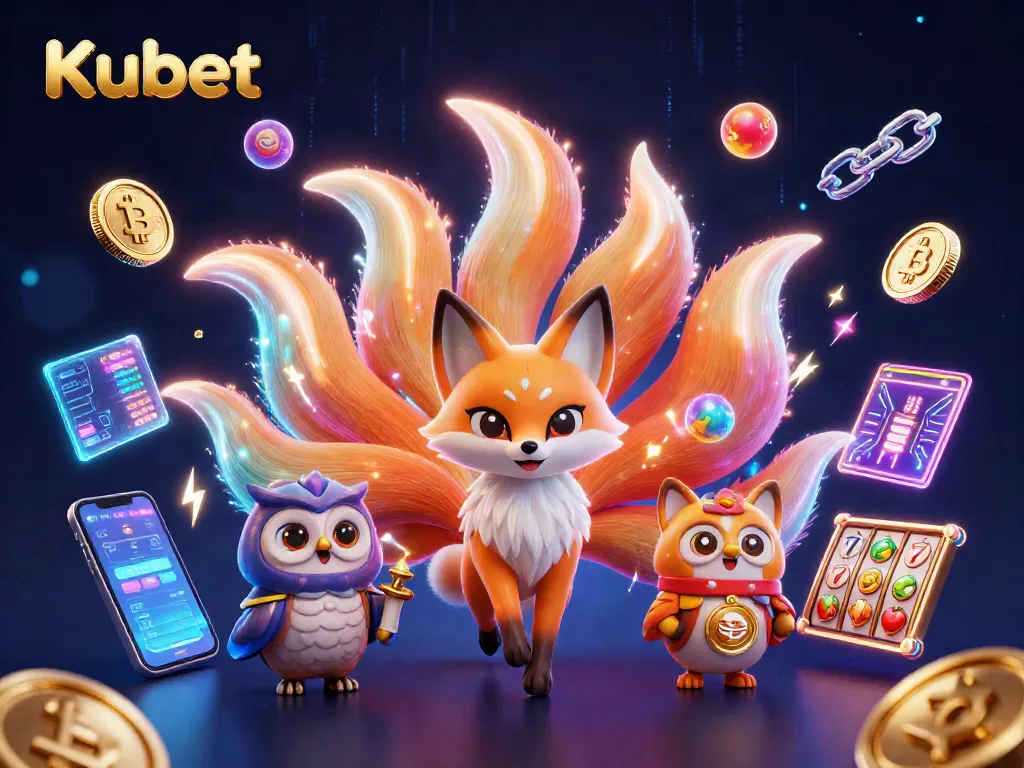 Kubet shines with a vibrant scene showcasing a mystical fox spirit, owl sage, and lively slot game elements.