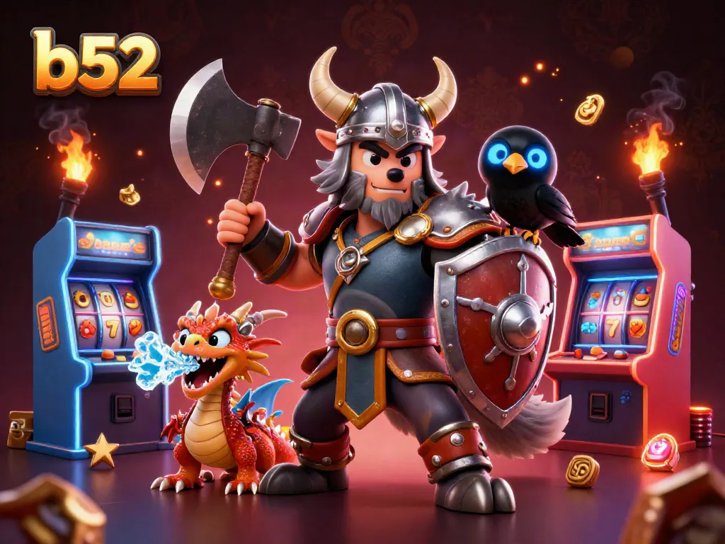 Engage in thrilling b52 action with Viking warrior, dragon, and vibrant games in a casino setting.