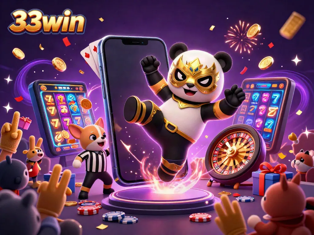 Experience the excitement of 33win with a dynamic scene featuring a panda wrestler and animal fans.