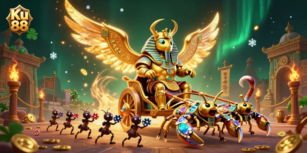 Win big with Ku 88's exciting 3D casino adventure featuring a golden scarab and poker chip soldiers.