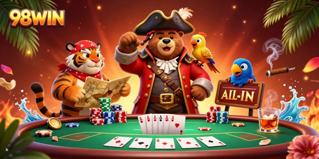 Experience thrilling poker action with 98WIN's exciting 3D casino scene featuring vibrant characters.