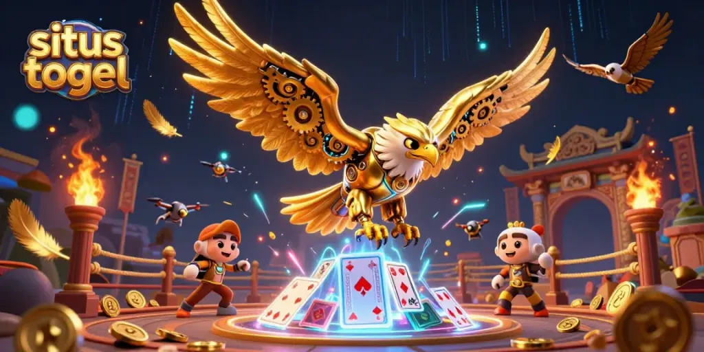 Situs togel featuring a cybernetic golden eagle diving through playing cards with dynamic energy.