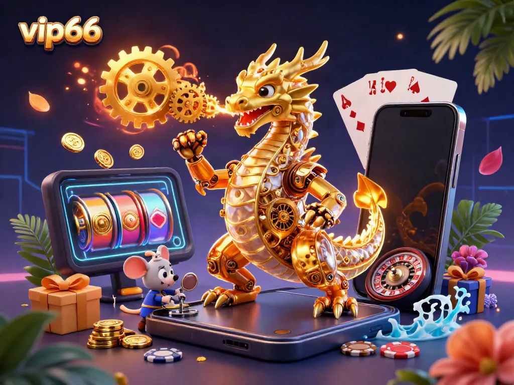 Experience thrilling action in vip66 with a golden dragon and dynamic casino game elements, highlighting online gambling excitement.