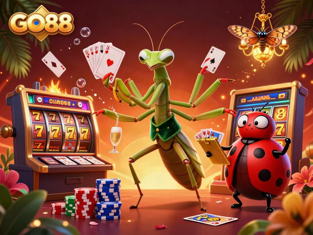 Experience exhilarating gameplay with GO88's vibrant casino scene featuring slot reels and festive characters.