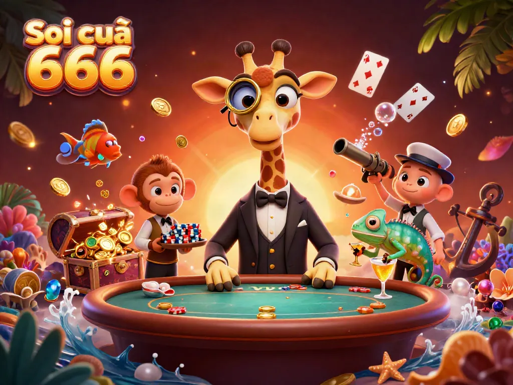 Soi cầu 666 showcases a thrilling scene with a high-roller giraffe and a monkey valet at a vibrant VIP poker table surrounded by underwater treasures.
