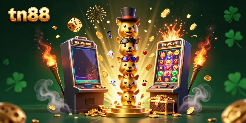 Experience dynamic gaming action at tn88 with explosive slots, golden coins, and rich casino themes in this vibrant illustration.