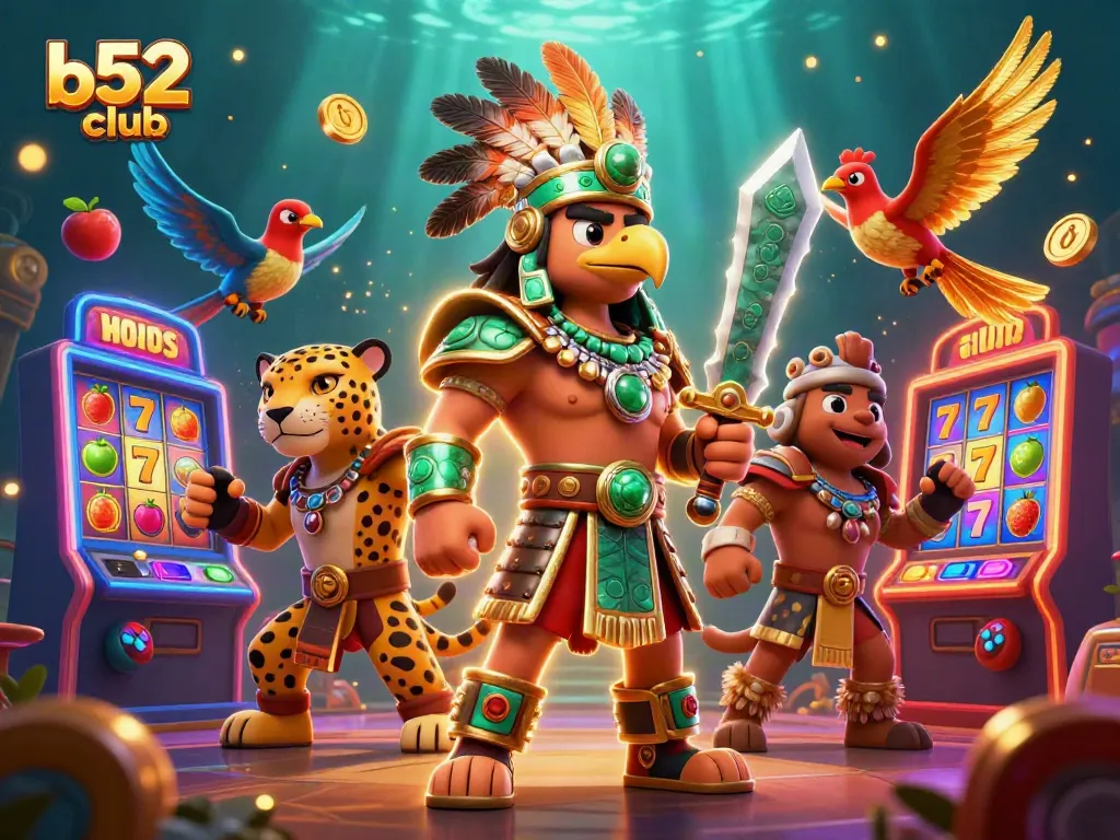 Spin the reels at b52club with Aztec warriors and vibrant casino game elements.