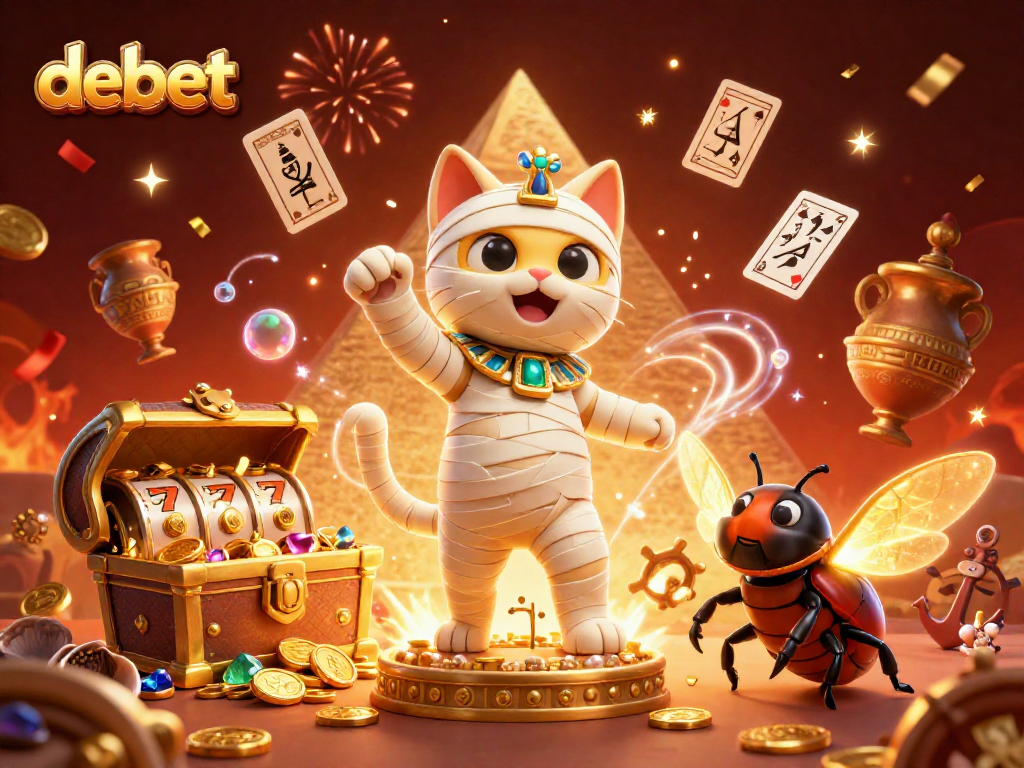 Engage with debet's thrilling casino adventure featuring a lively mummy cat, rich golden treasures, and vibrant playing cards.