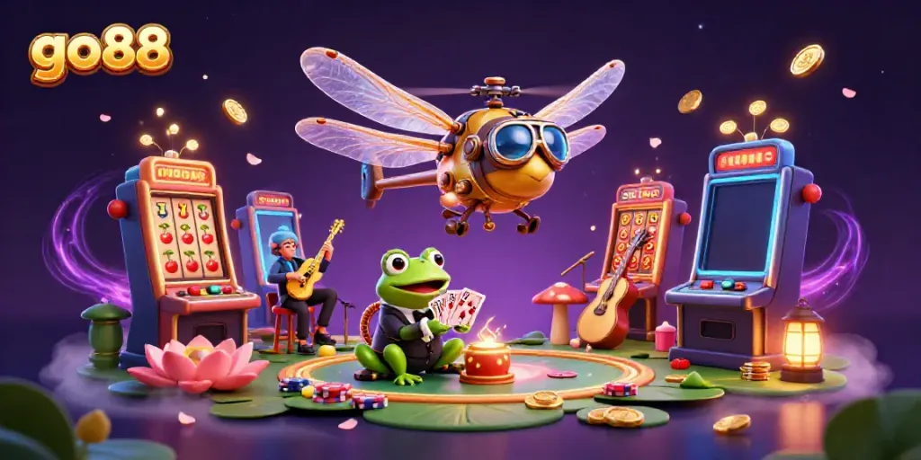 Experience go88 gameplay excitement in a dynamic casino-themed illustration with colorful slot elements.