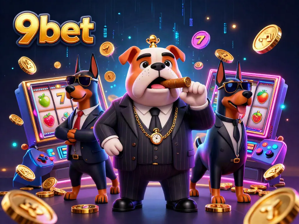 Engage with 9bet's vibrant 3D casino scene, showcasing slot machines and charismatic characters.